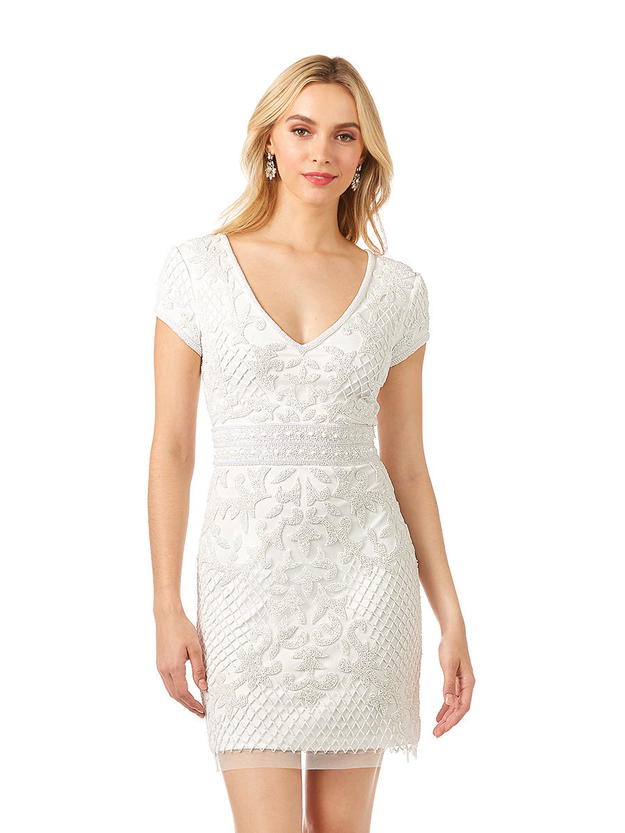 Lara Cam V-Neck Beaded Mini Sheath Dress - JUSTLUXURY