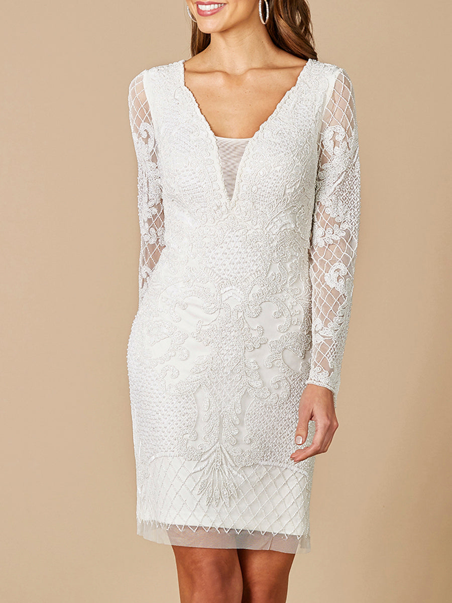 Lara Carla Long Sleeve Beaded Lace Mini Dress - JUSTLUXURY