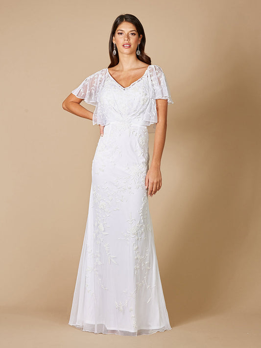 Lara Greyson Beaded Flutter Sleeve Wedding Dress - JUSTLUXURY