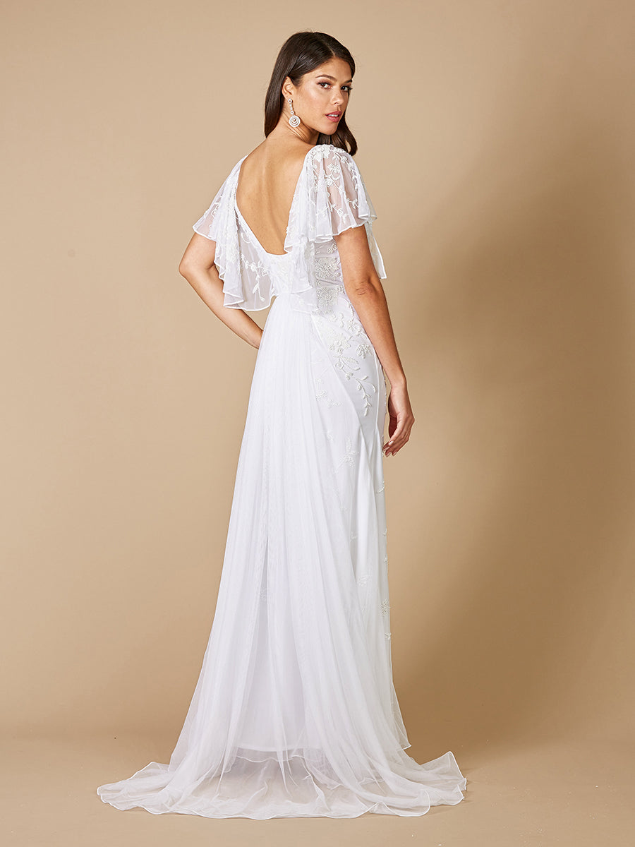 Lara Greyson Beaded Flutter Sleeve Wedding Dress - JUSTLUXURY