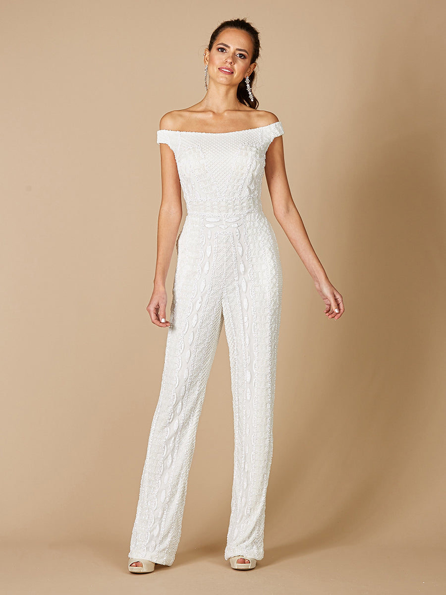 Lara Gabby Beaded Off-the-Shoulder Bridal Jumpsuit - JUSTLUXURY