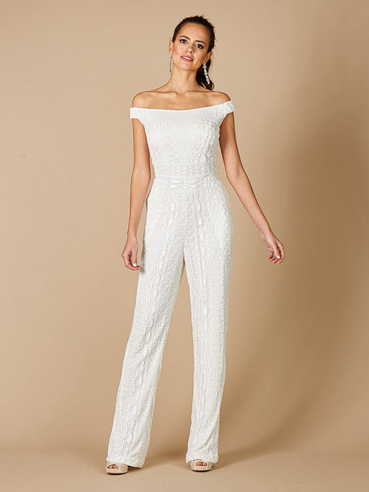 Lara Gabby Beaded Off-the-Shoulder Bridal Jumpsuit - JUSTLUXURY