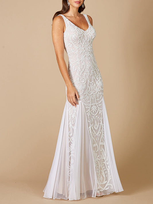 Lara Greta Beaded V-Neck Tulle Wedding Dress with Contrast Lining - JUSTLUXURY