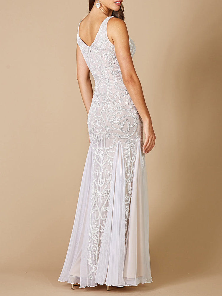 Lara Greta Beaded V-Neck Tulle Wedding Dress with Contrast Lining - JUSTLUXURY