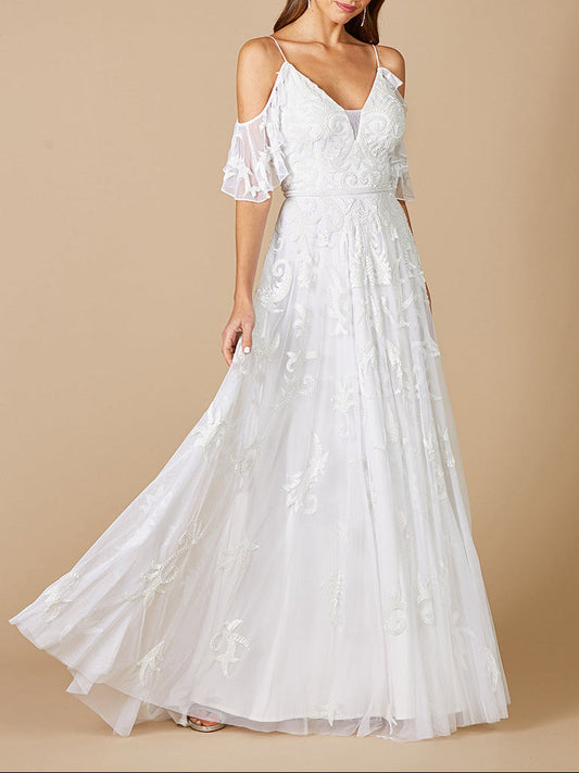 Lara Giana Beaded Cold-Shoulder Wedding Dress - JUSTLUXURY