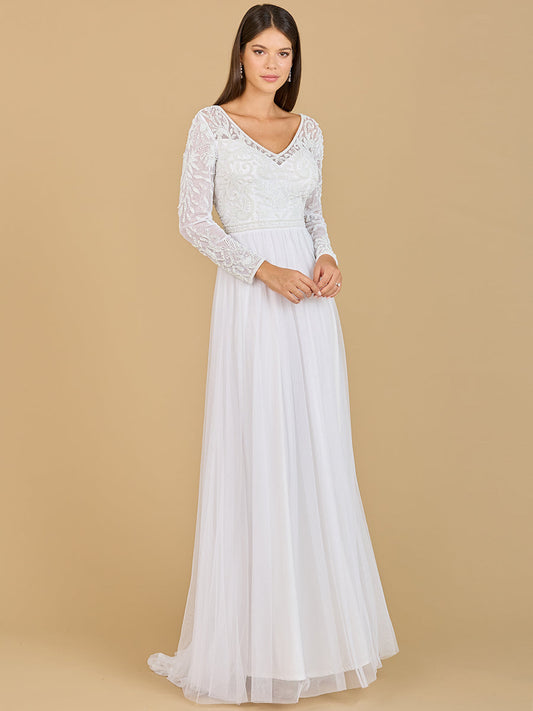 Long Sleeve Bridal Gown with Flowy Skirt - JUSTLUXURY