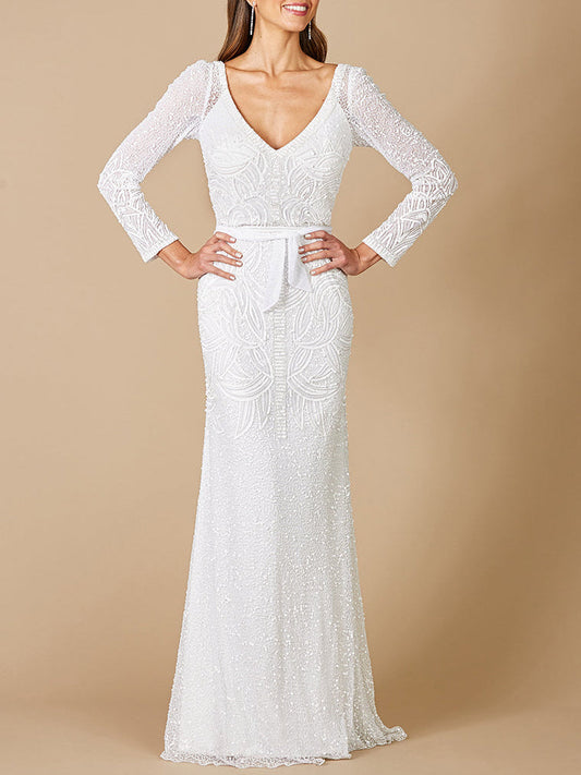 Lara Grant Long Sleeve Beaded Wedding Dress - JUSTLUXURY