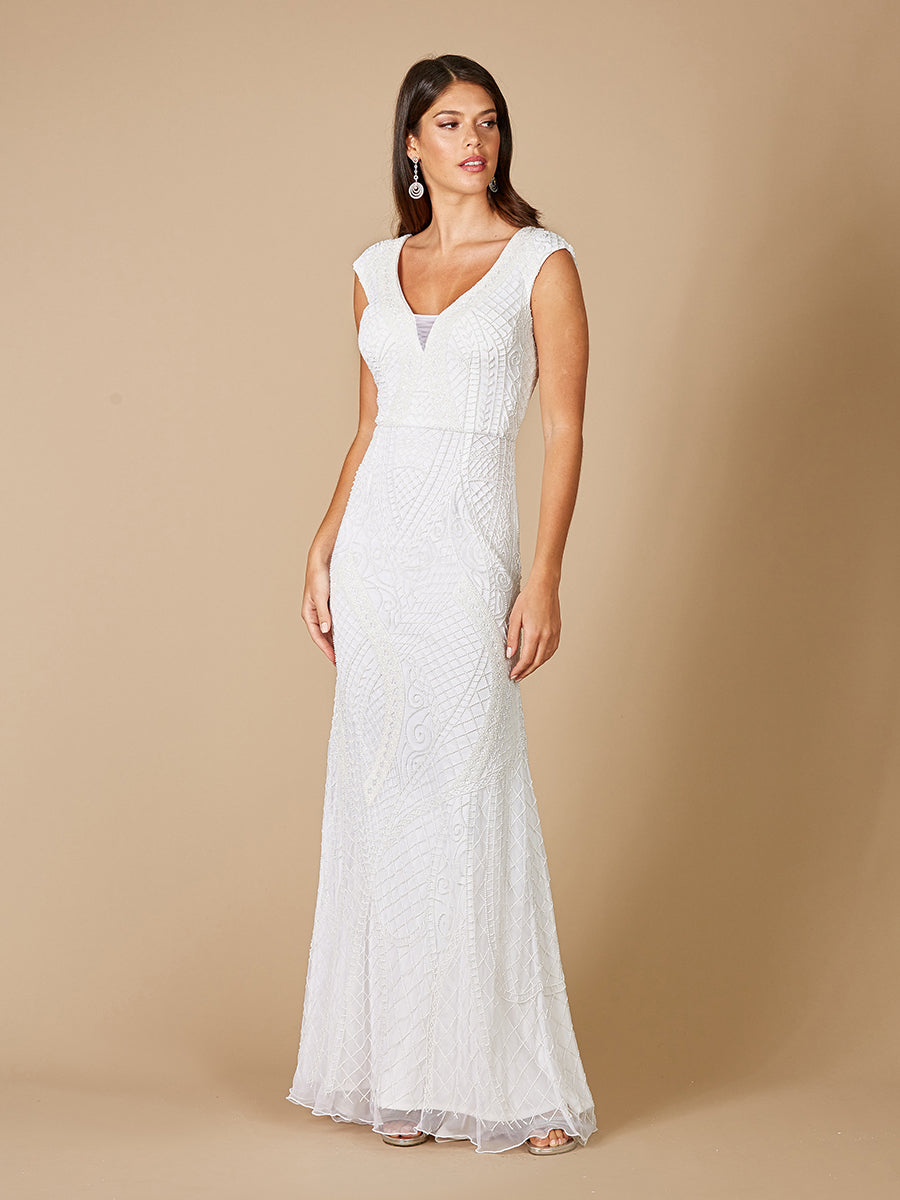 Lara Gwen Beaded Short Sleeve Wedding Dress - JUSTLUXURY