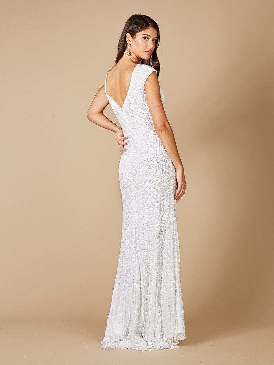 Lara Gwen Beaded Short Sleeve Wedding Dress - JUSTLUXURY