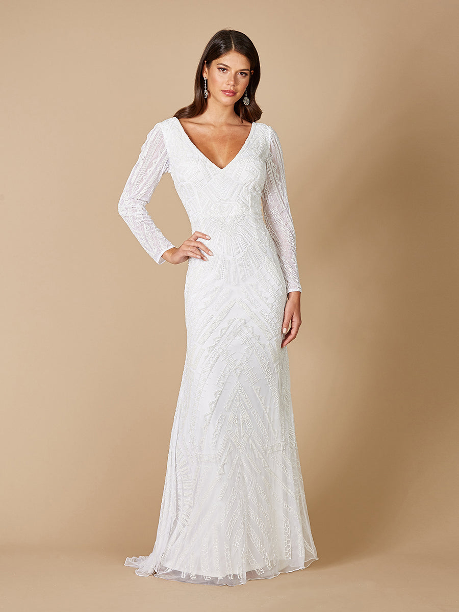 Lara Gretchen V-Neck Long Sleeve Wedding Dress - JUSTLUXURY