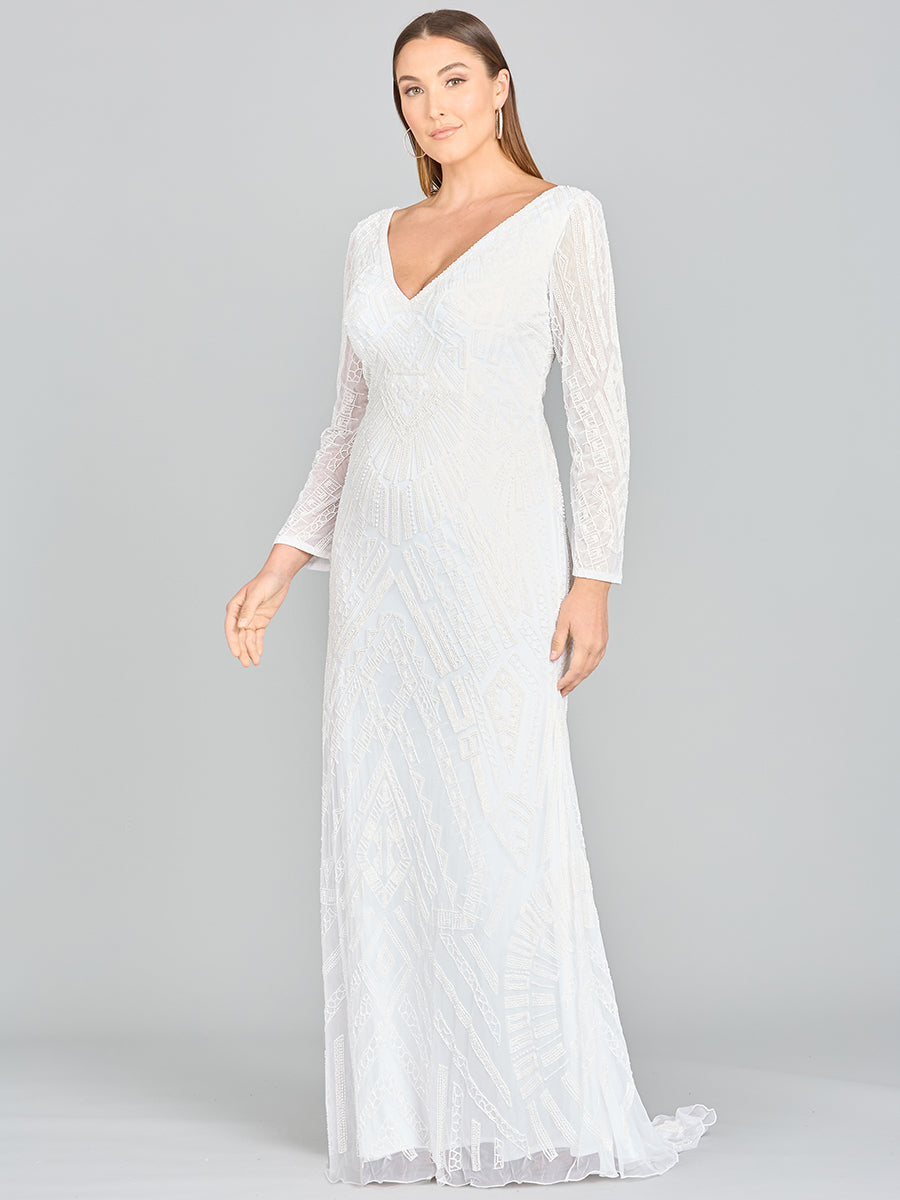 Lara Gretchen V-Neck Long Sleeve Wedding Dress - JUSTLUXURY