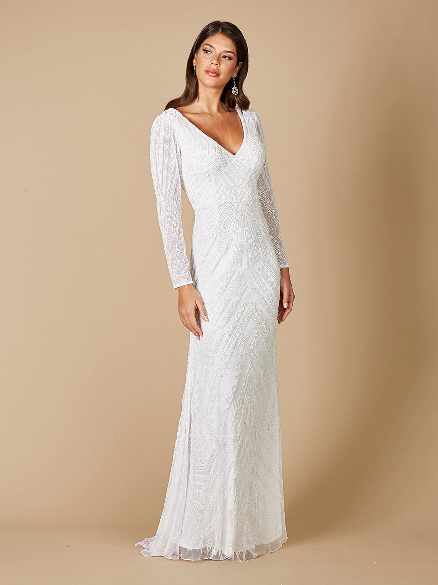 Lara Gretchen V-Neck Long Sleeve Wedding Dress - JUSTLUXURY