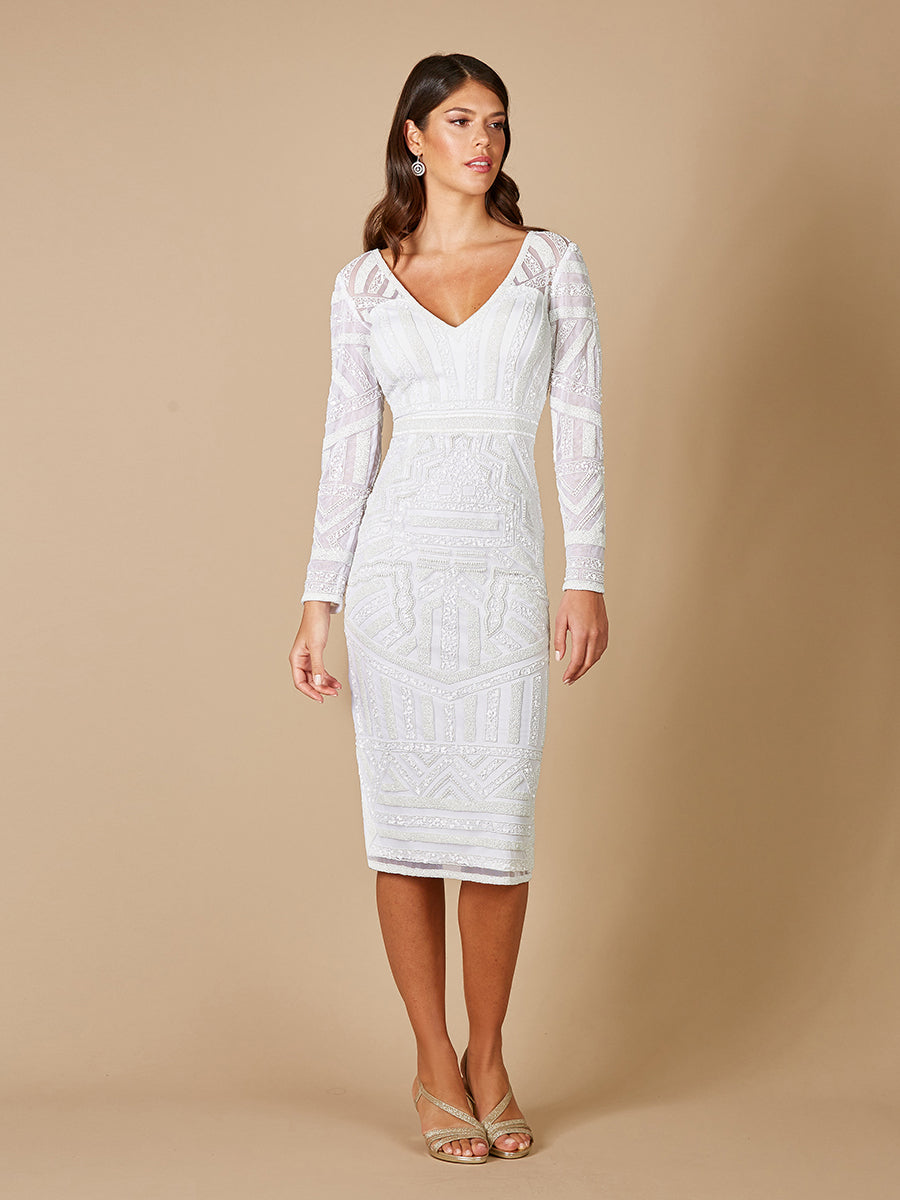 Lara Gloria Long Sleeve Beaded Midi Dress - JUSTLUXURY