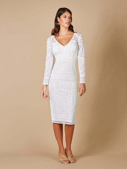 Lara Gloria Long Sleeve Beaded Midi Dress - JUSTLUXURY