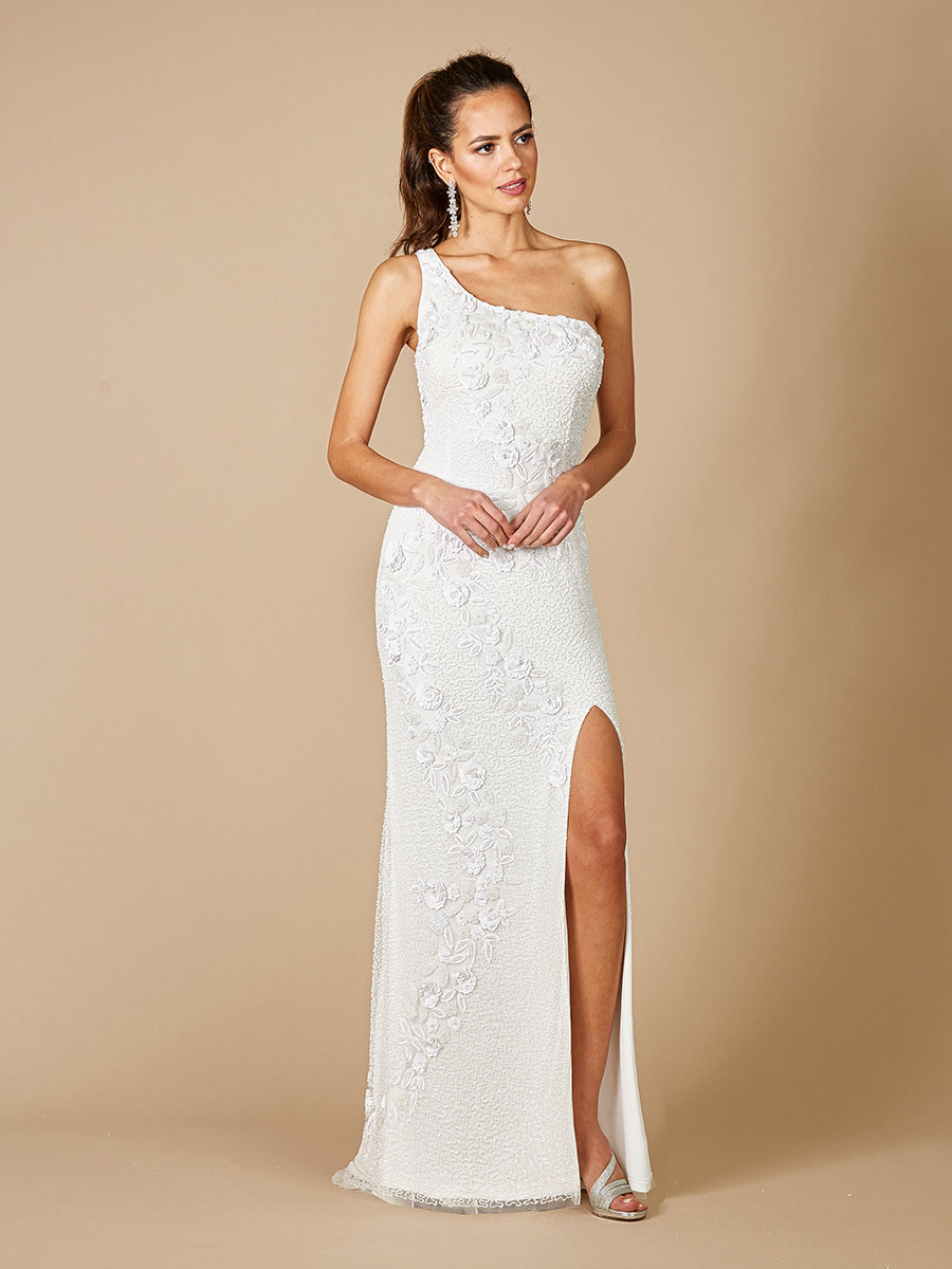 Lara Fleur One Shoulder Floral Beaded Wedding Gown - JUSTLUXURY