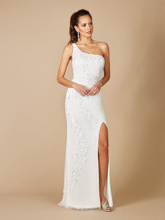 Lara Fleur One Shoulder Floral Beaded Wedding Gown - JUSTLUXURY