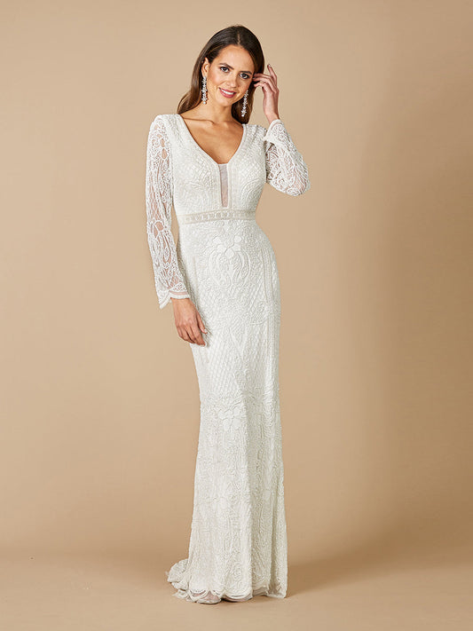 Lara Flora Beaded Long Sleeve Wedding Gown - JUSTLUXURY