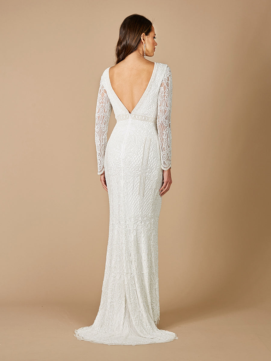 Lara Flora Beaded Long Sleeve Wedding Gown - JUSTLUXURY