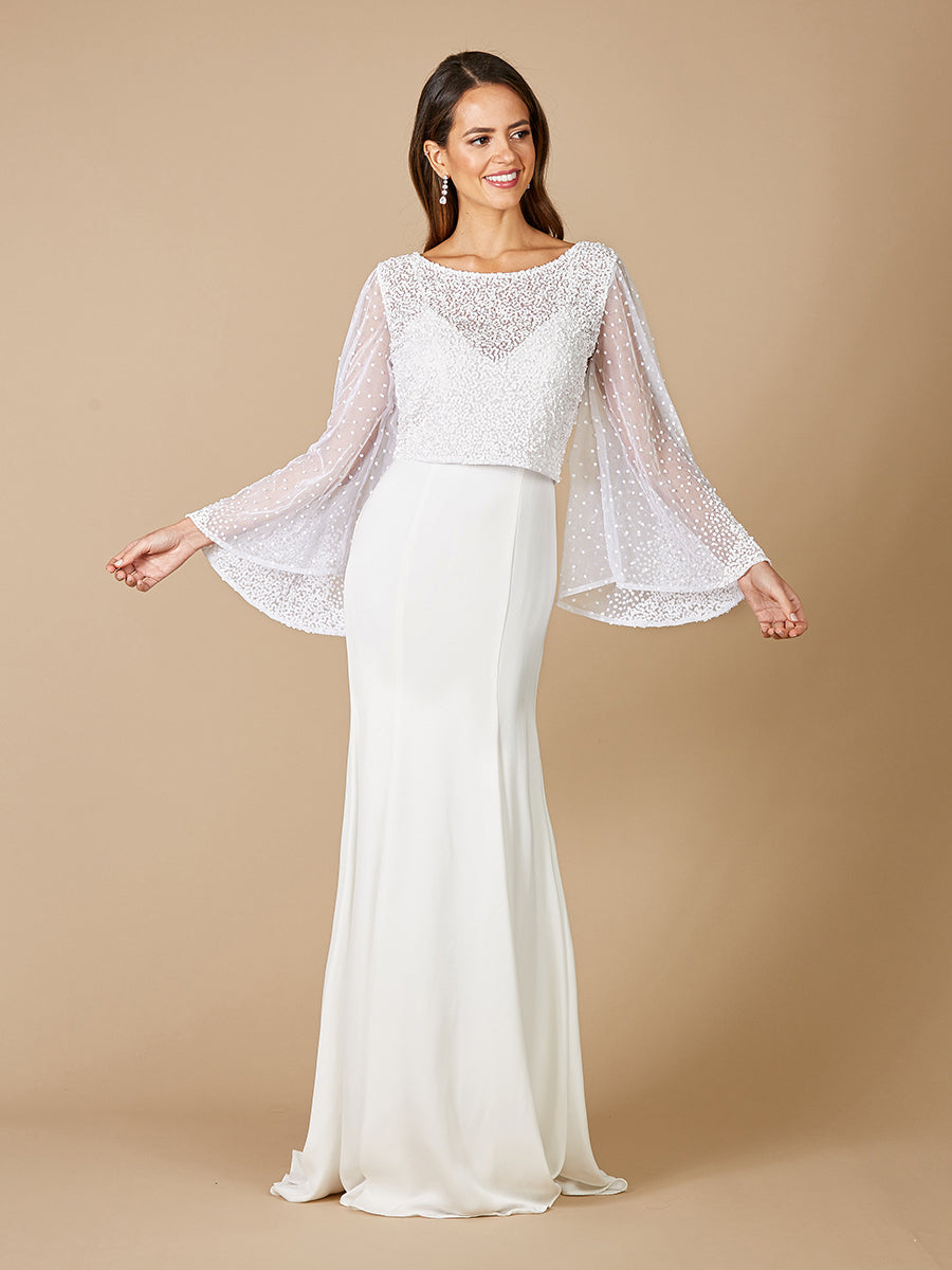 Lara Grace Beaded Long Sleeve Bridal Capelet Top - JUSTLUXURY