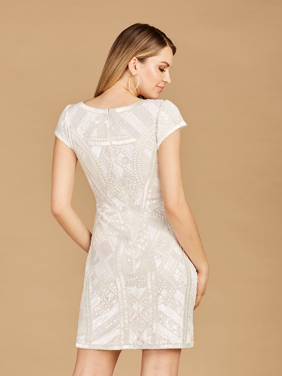 V-Neck Beaded Bridal Mini with Cap Sleeves - JUSTLUXURY