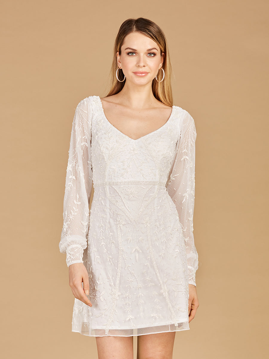 V-Neck, Long Sleeve Bridal Cocktail Dress - JUSTLUXURY