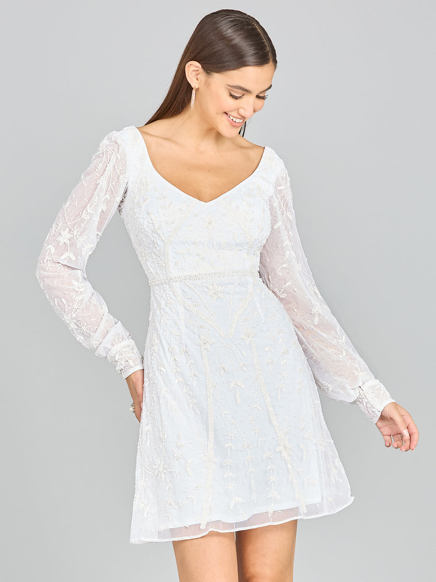 V-Neck, Long Sleeve Bridal Cocktail Dress - JUSTLUXURY