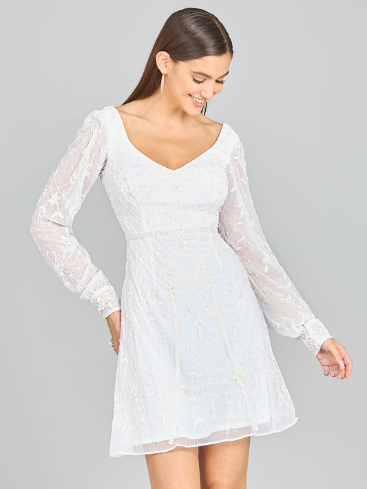 V-Neck, Long Sleeve Bridal Cocktail Dress - JUSTLUXURY