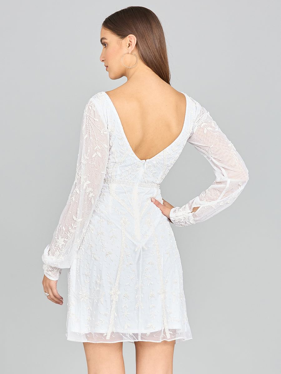 V-Neck, Long Sleeve Bridal Cocktail Dress - JUSTLUXURY