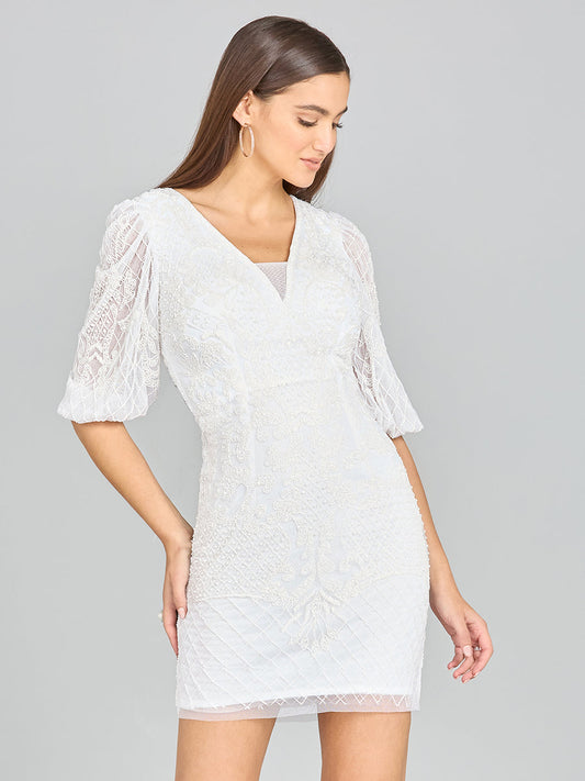 V-Neck Beaded Bridal Short with Sleeves - JUSTLUXURY