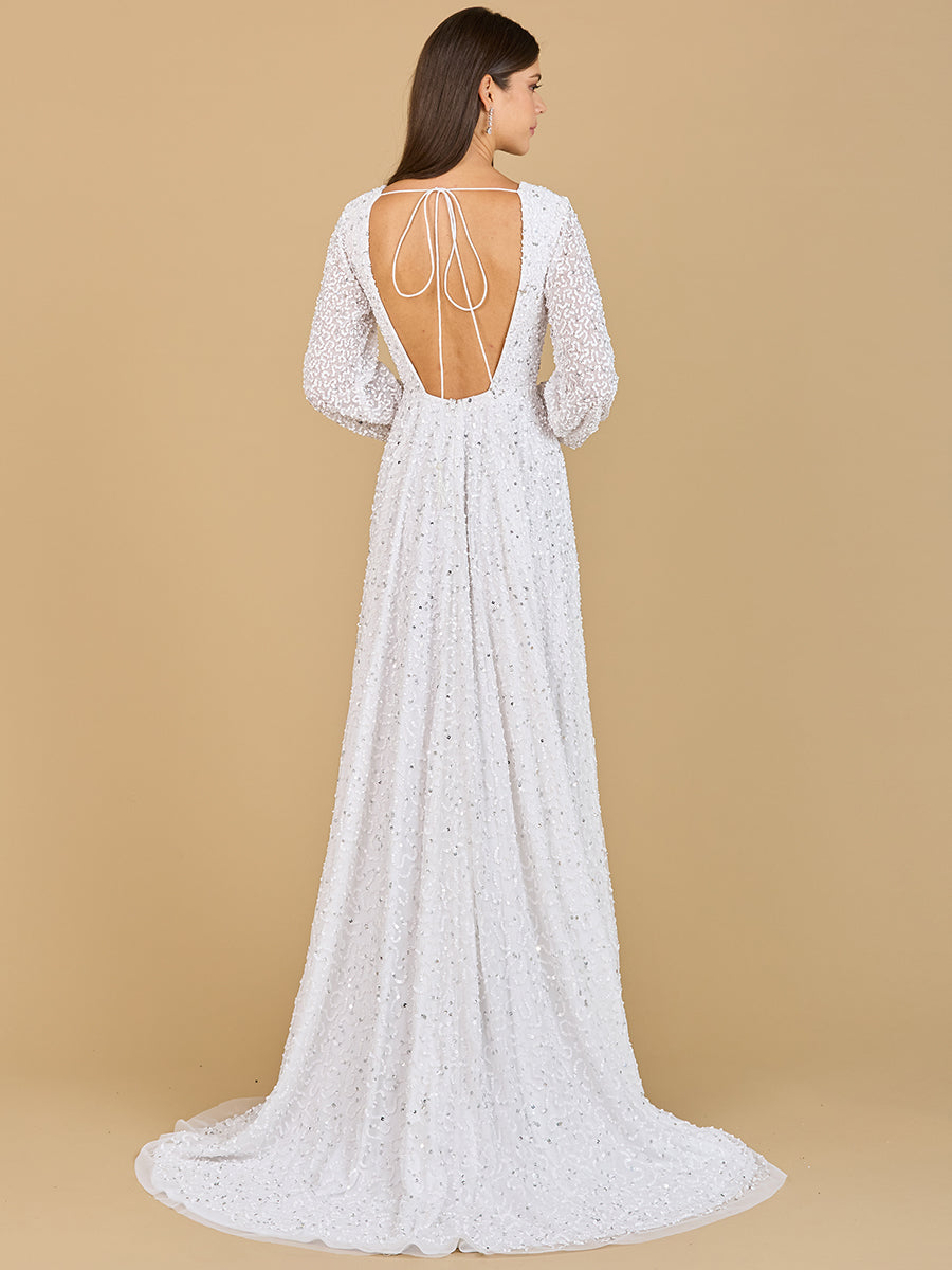 Long Sleeve, Beaded A-Line Bridal Dress - JUSTLUXURY