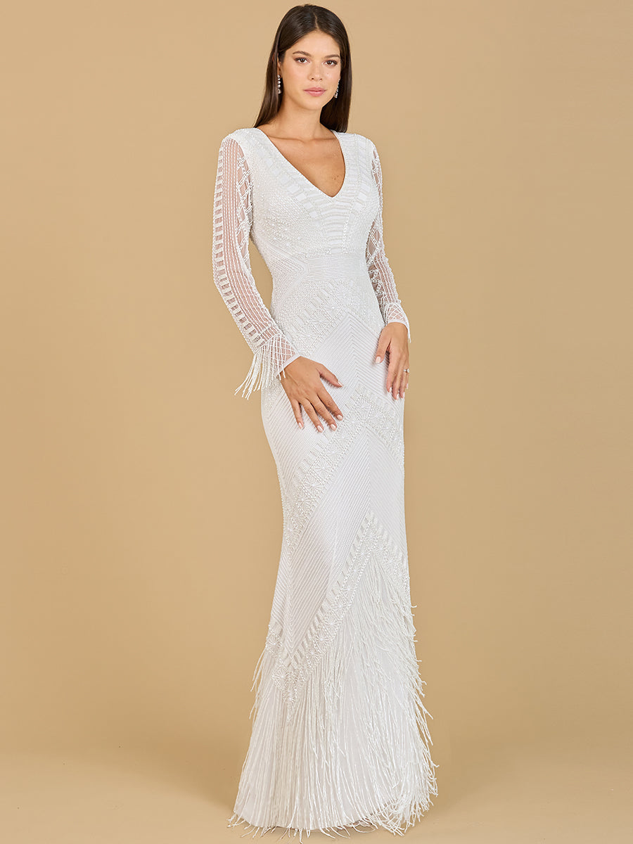 Long Sleeve Fringe Bridal Gown - JUSTLUXURY