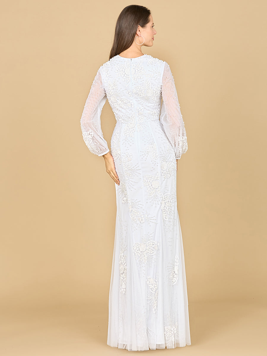 Long Sleeve Beaded Bridal Gown - JUSTLUXURY