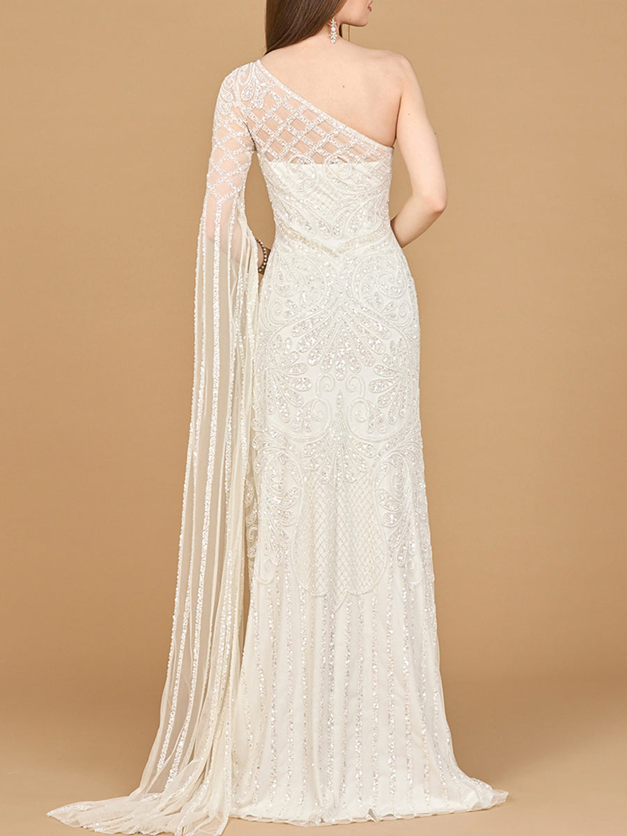 One Sleeve Beaded Bridal Gown - JUSTLUXURY