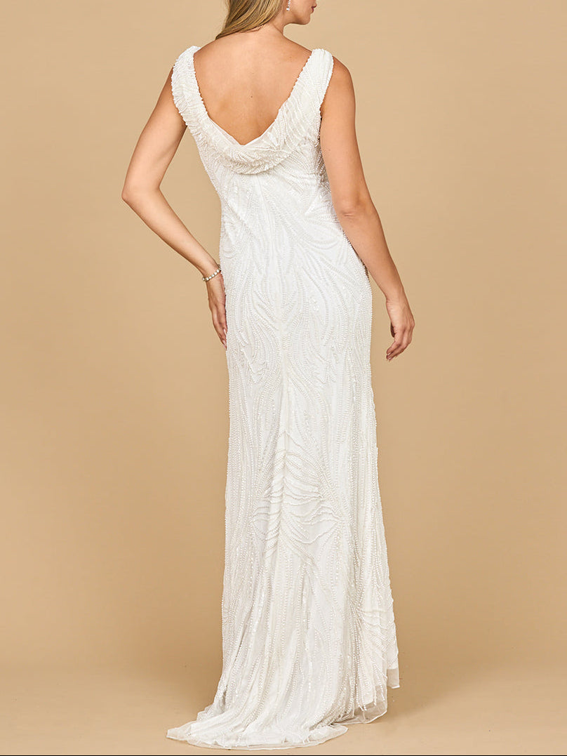 Lara 51200- Beaded Draped Cowl Back Wedding Gown - JUSTLUXURY