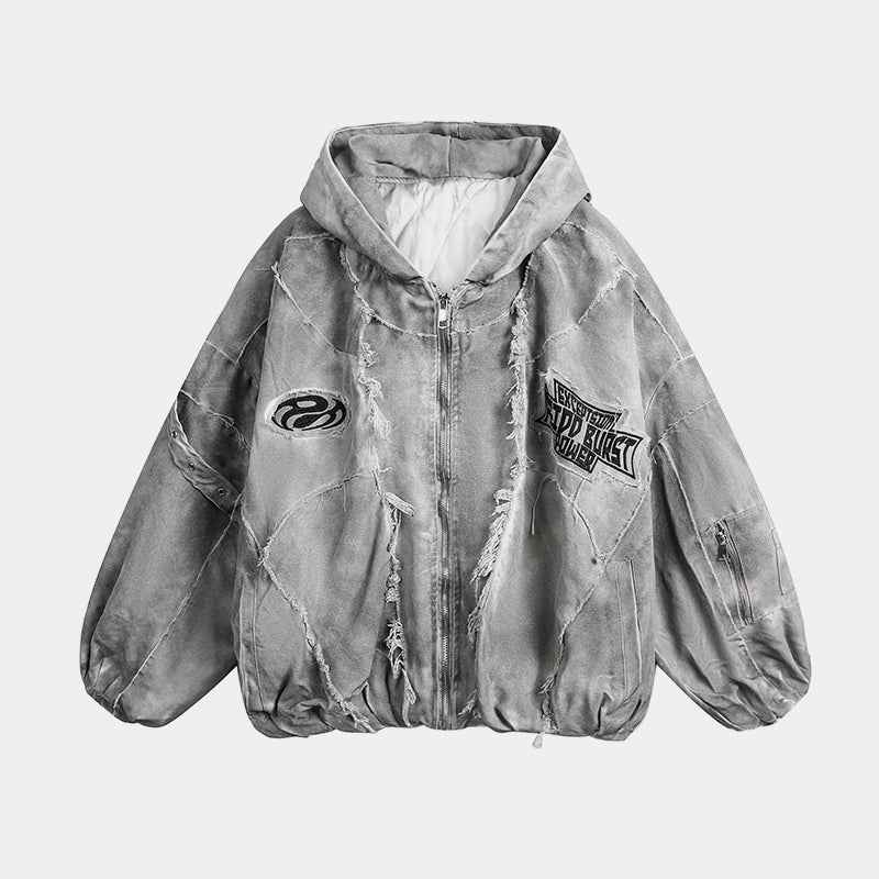 Distressed Embroidered | Padded Hooded Jacket