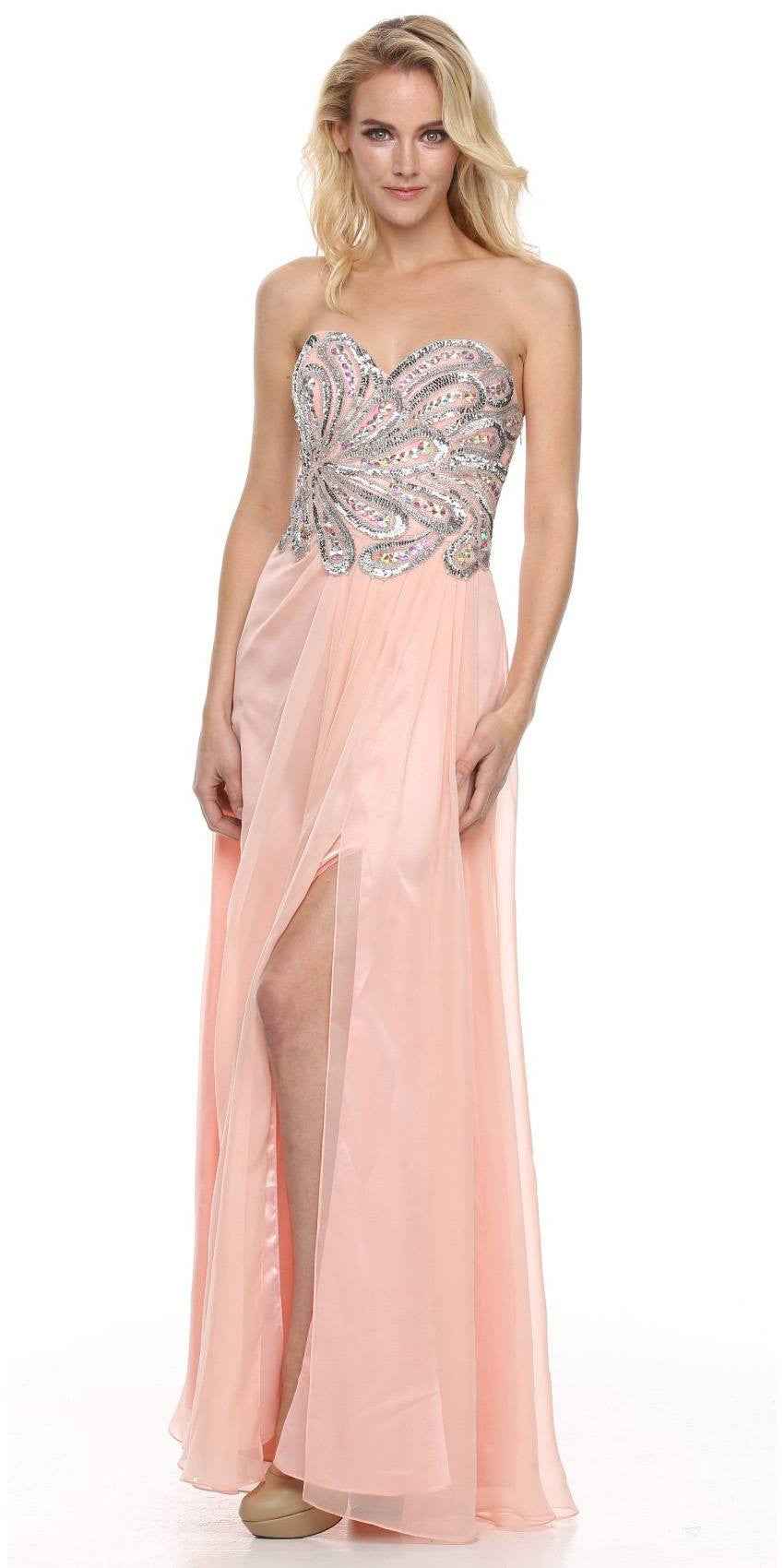 CLEARANCE - Juliet 548 Beaded Bodice Long Strapless Thigh Slit Formal Gown