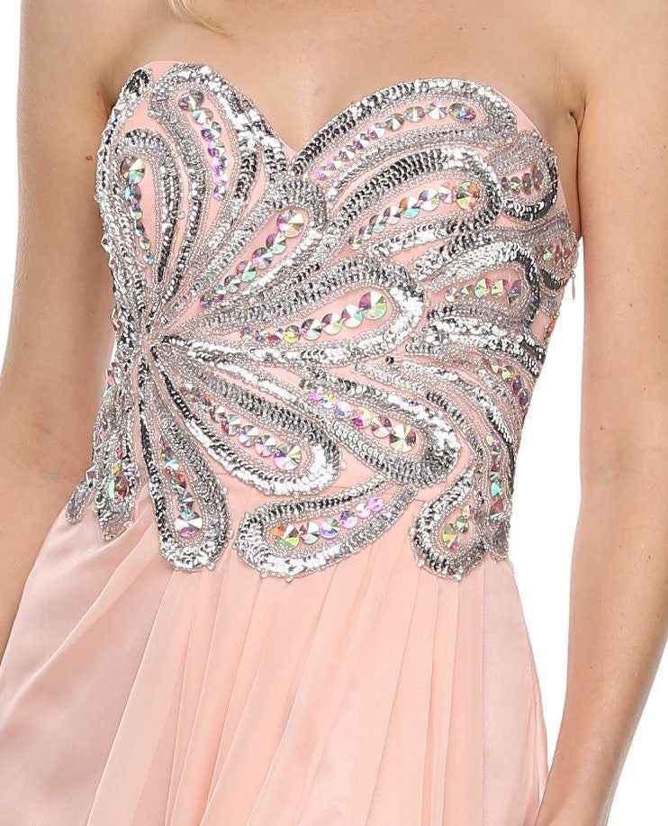 CLEARANCE - Juliet 548 Beaded Bodice Long Strapless Thigh Slit Formal Gown