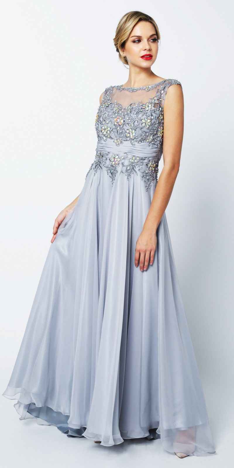 CLEARANCE - Juliet 552 Long Jewel Neckline Studded Bodice Silver A-Line Gown (Size M)