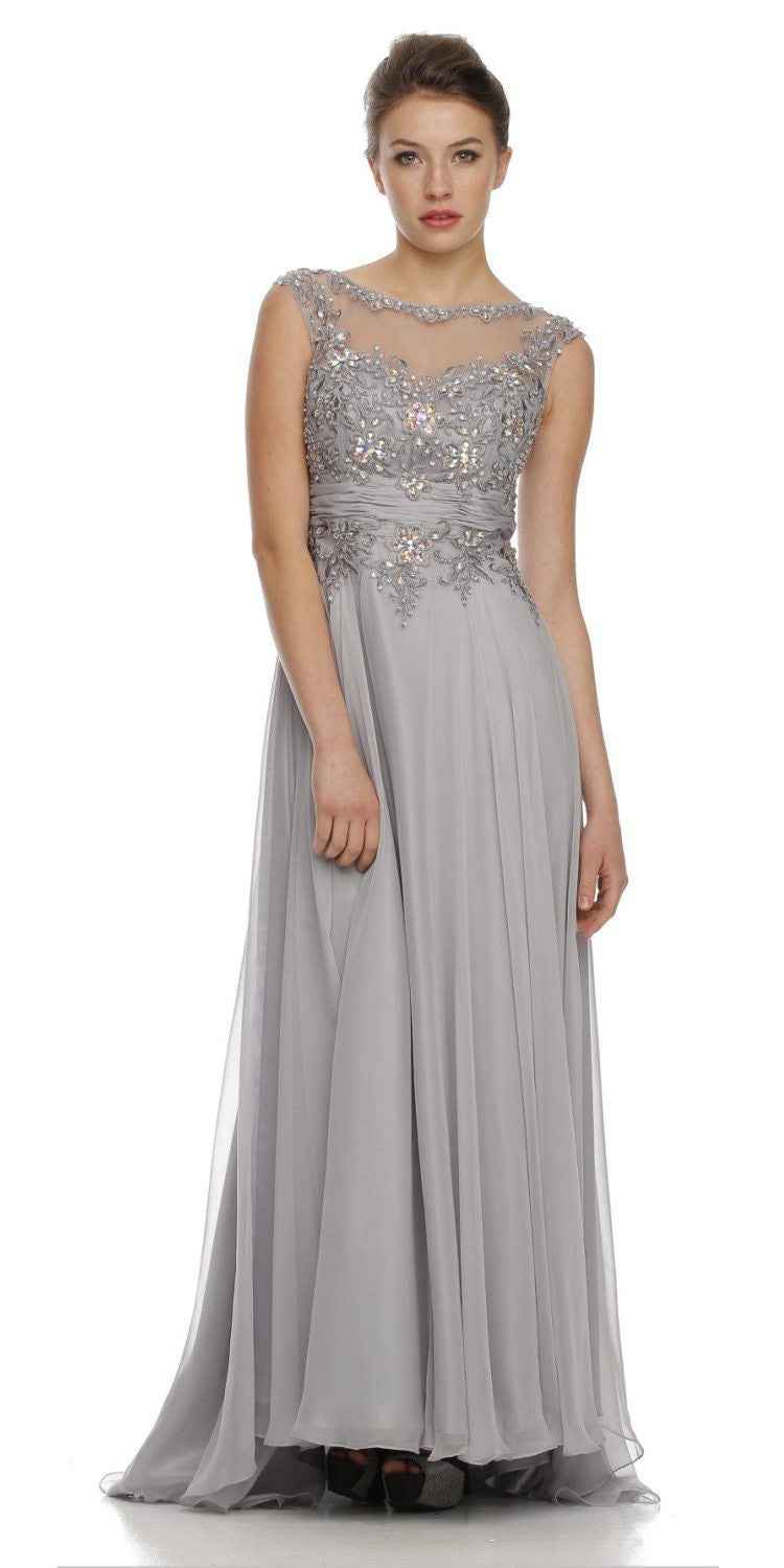 Juliet 552 Long Jewel Neckline Studded Bodice A-Line Gown