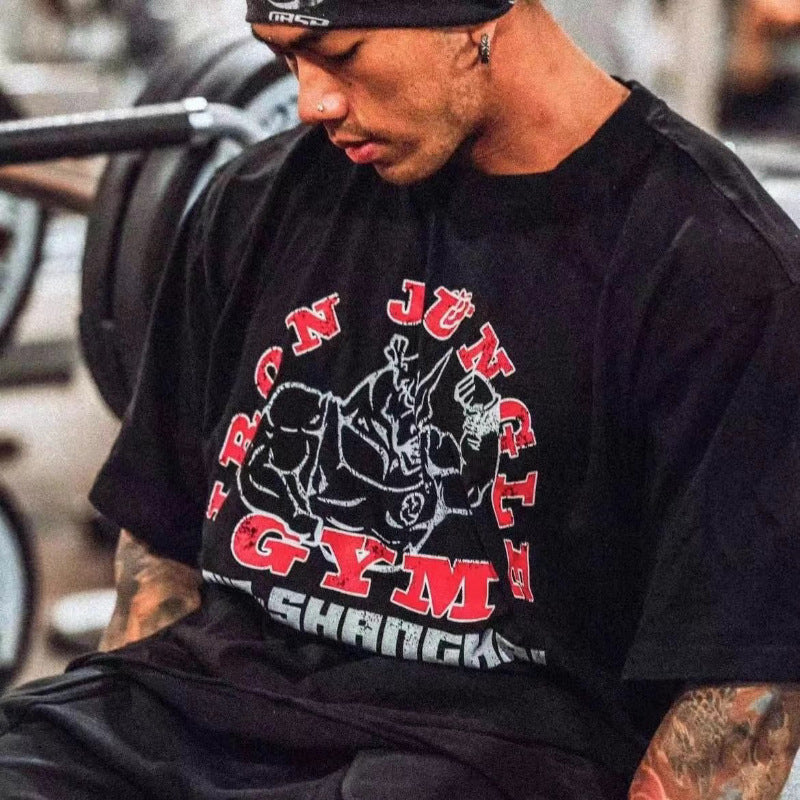 GYM destroys print crew neck T-shirt Plus size sport re