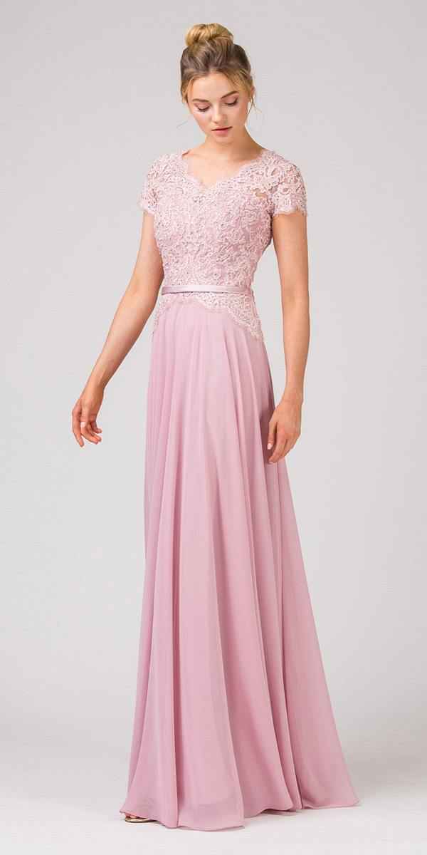 CLEARANCE - Eureka 5909 Lace Bodice A-Line Long Dress Short Sleeves (Size 3XL)