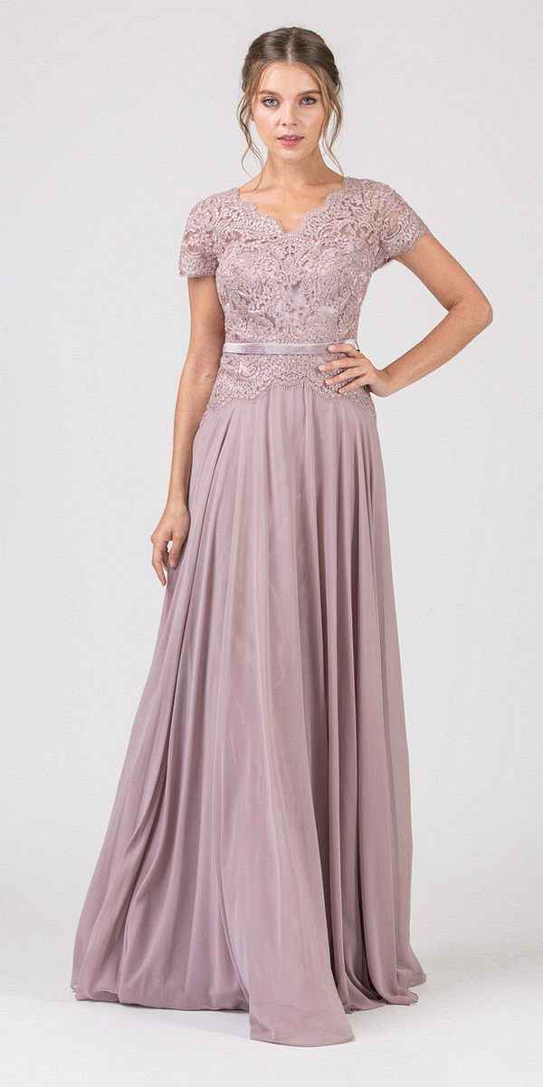 CLEARANCE - Eureka 5909 Lace Bodice A-Line Long Dress Short Sleeves (Size 3XL)
