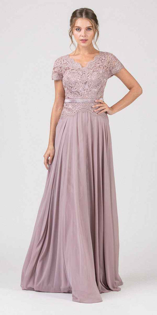 CLEARANCE - Eureka 5909 Lace Bodice A-Line Long Dress Short Sleeves (Size 3XL)