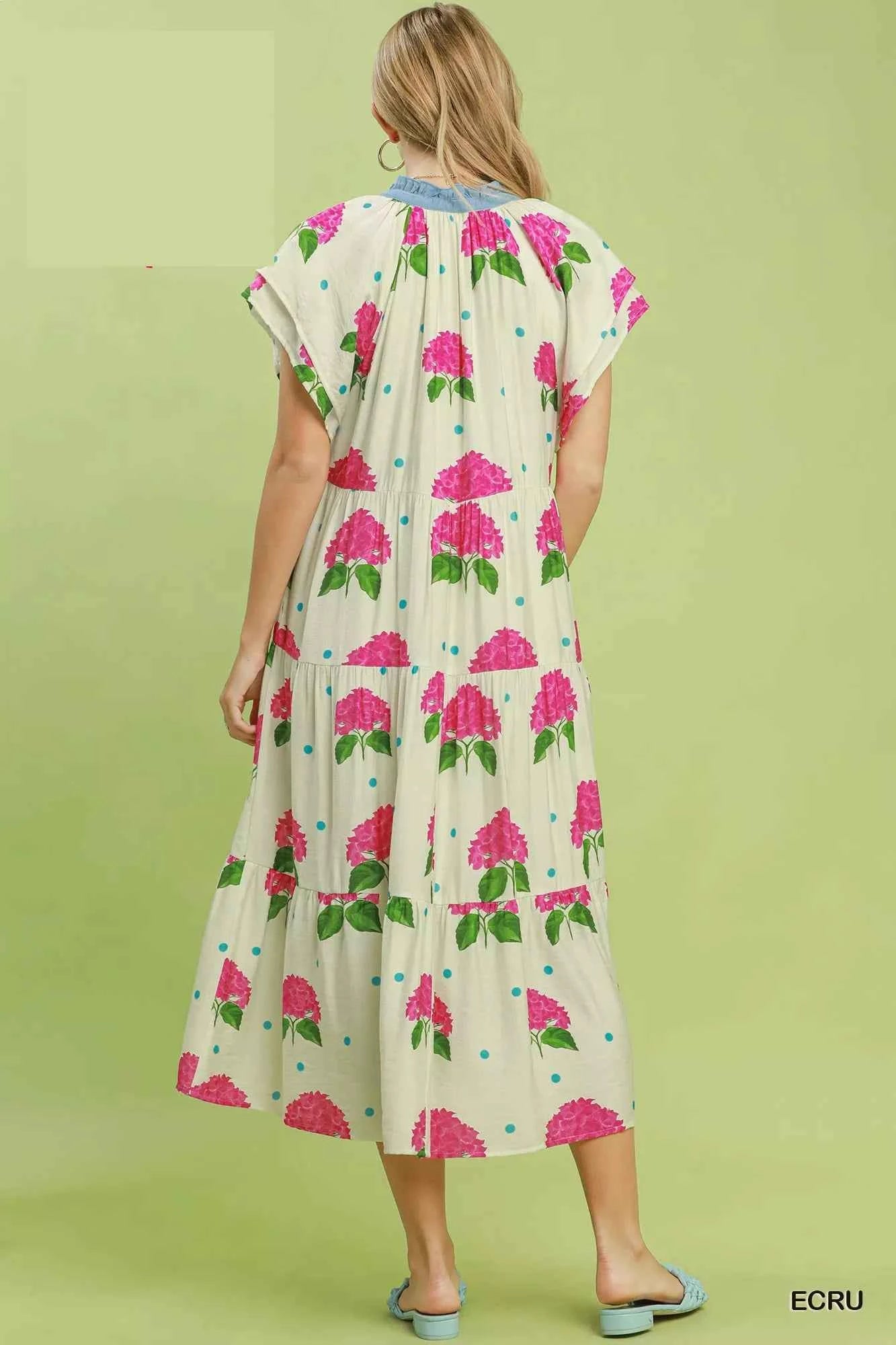 Umgee Hydrangea Print Tiered Midi Dress