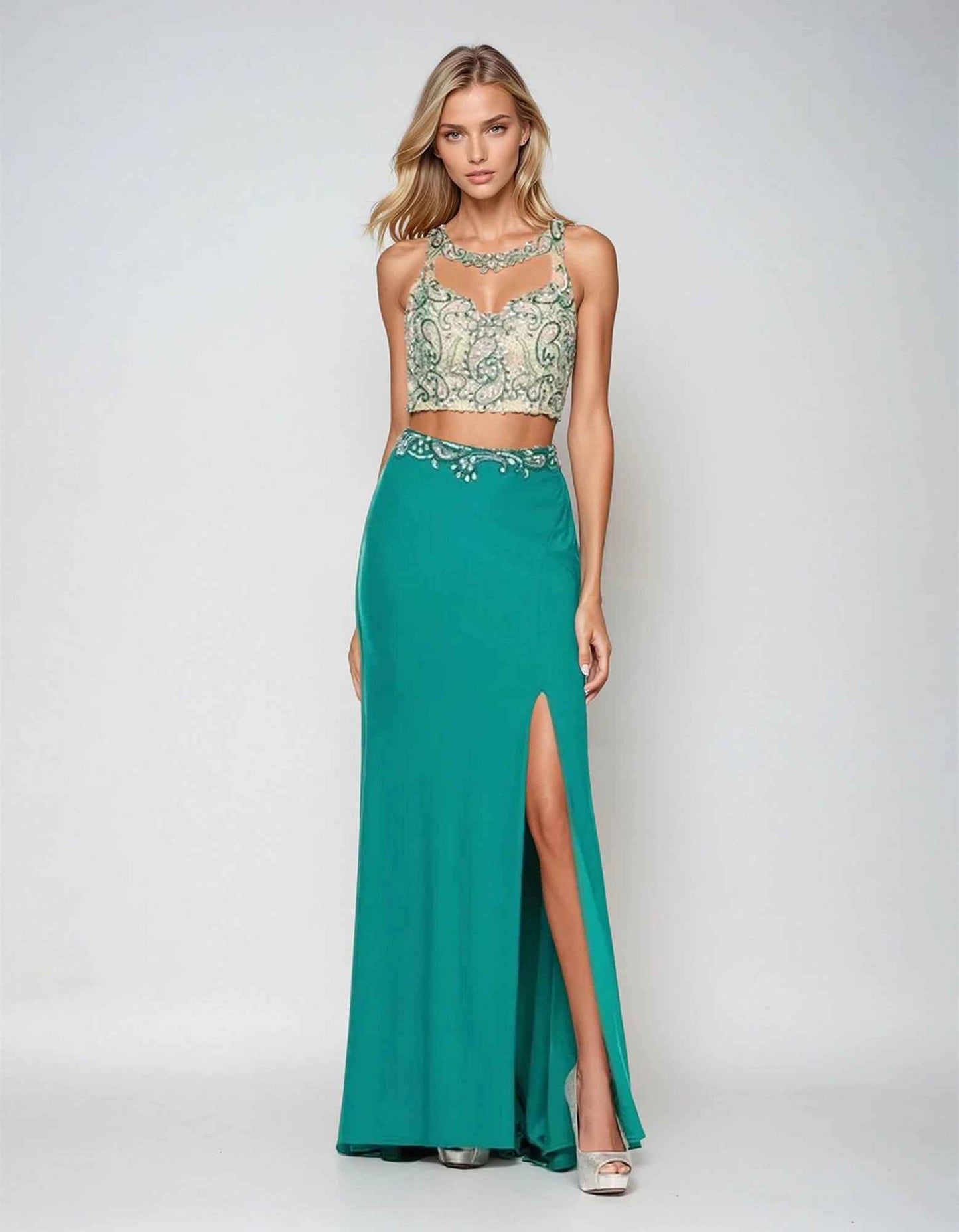 Juliet 595 Sexy Front Slit 2-Piece Dress Beads Illusion Neck