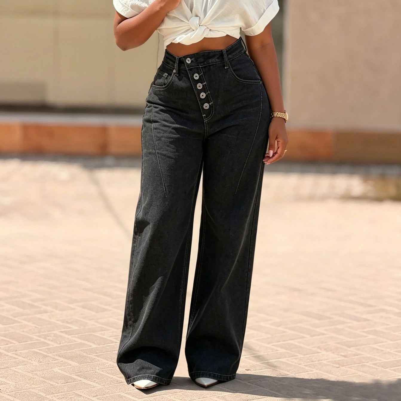NewTopstitching Multi-button Fly Front Denim Pants