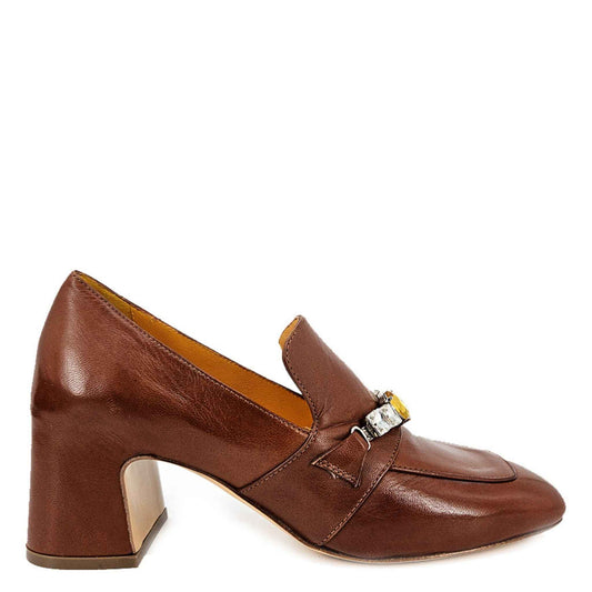 Cognac Leather Mid Heel Jeweled Loafer