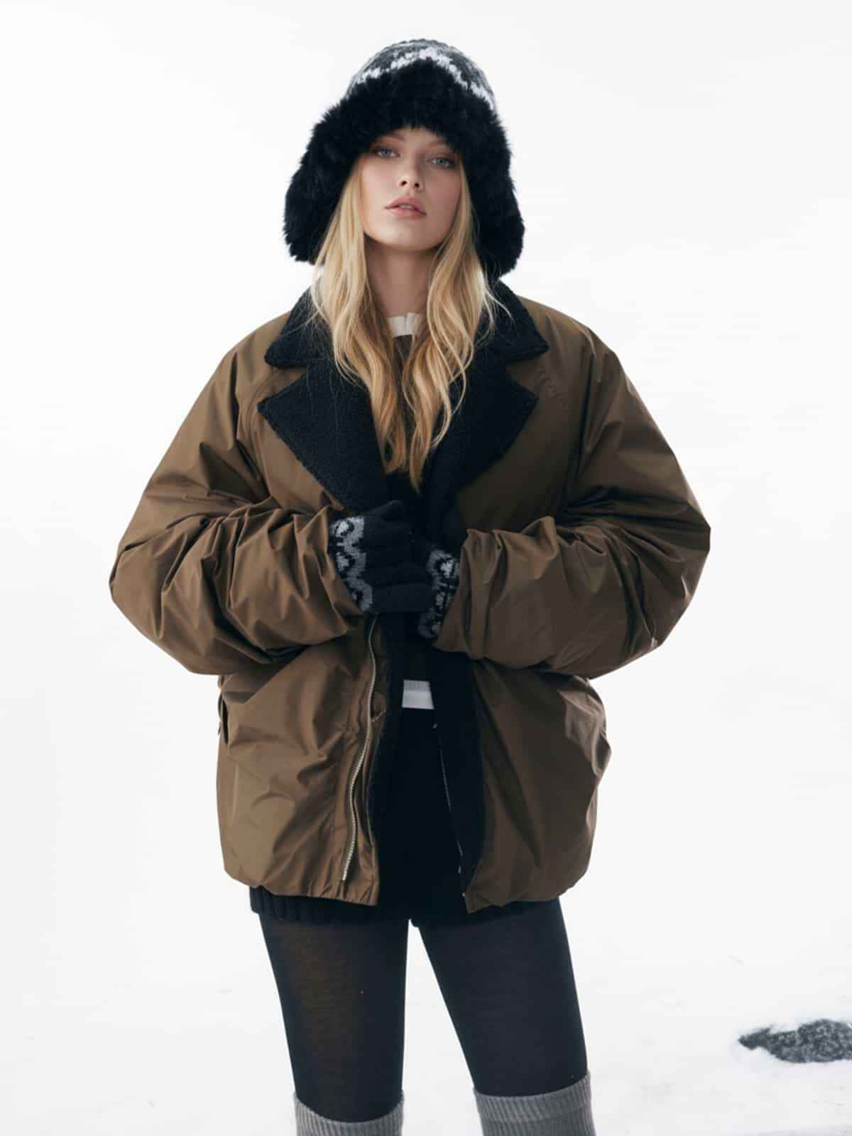 Vintage Fleece Collar Ruched Padded Bomber Jacket