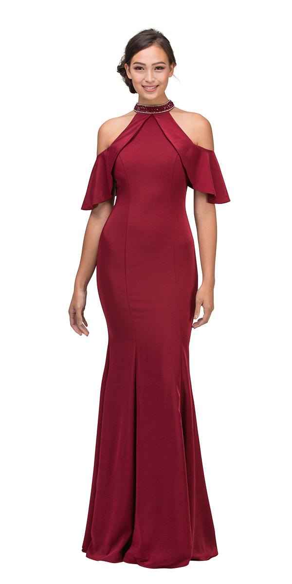 CLEARANCE - Eureka 6110 Cold Shoulder High Neckline Mermaid Gown (Size XS)