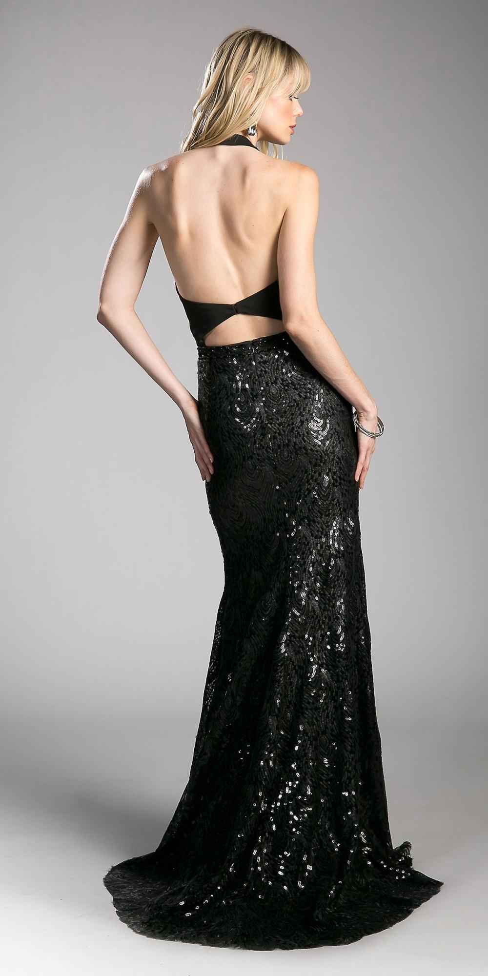 Cinderella Divine 62495 Halter Lace Up Bodice Sequins Gown Open Back